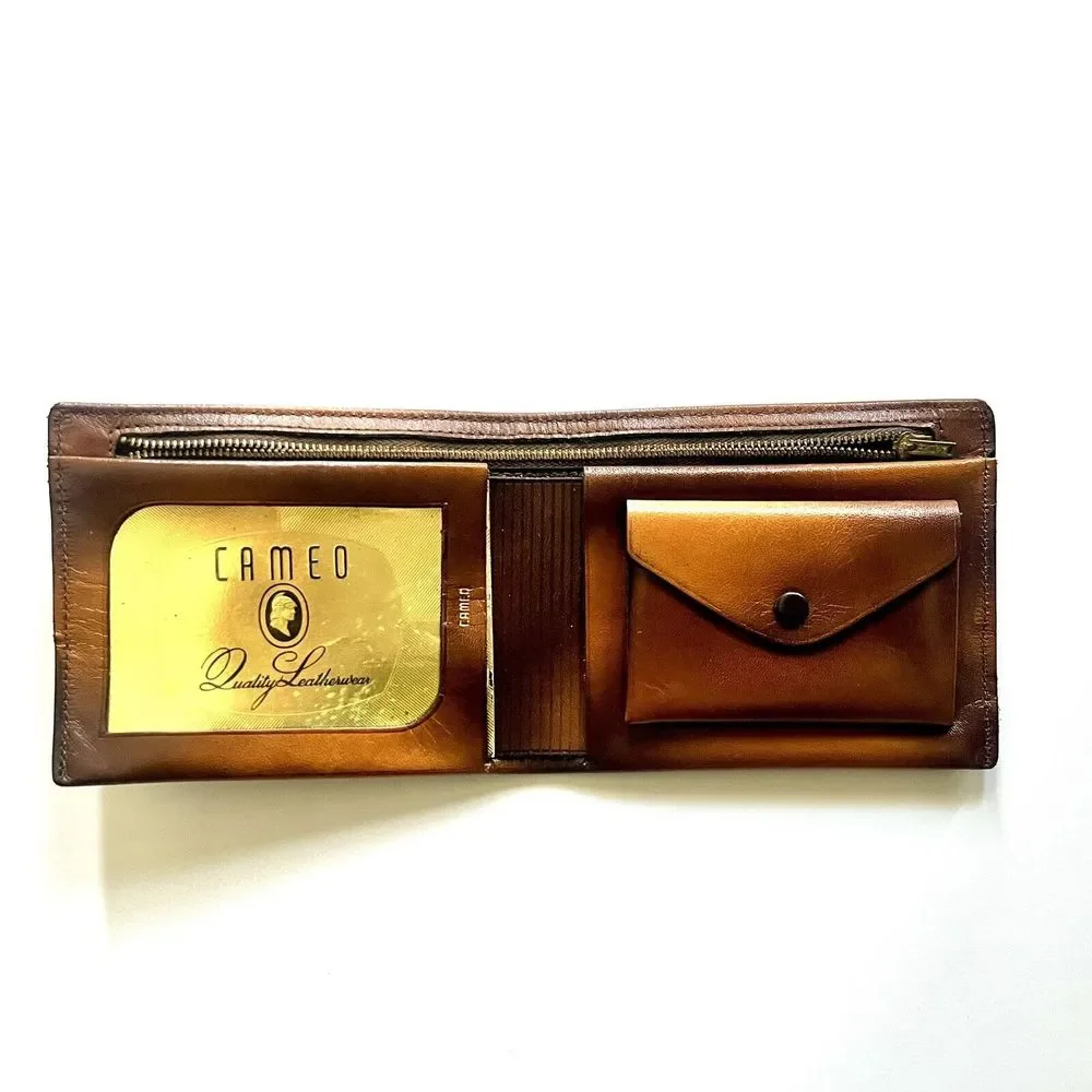 Vintage Cameo Brown Leather Wallet Bifold Card Holder Zipper Pocket - Picture 8 of 8